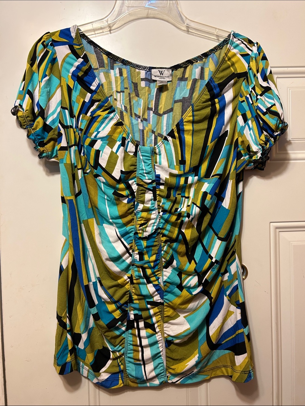 Worthington Short Sleeve Ruched V-Neck Top - Teal, Olive, Black & White M